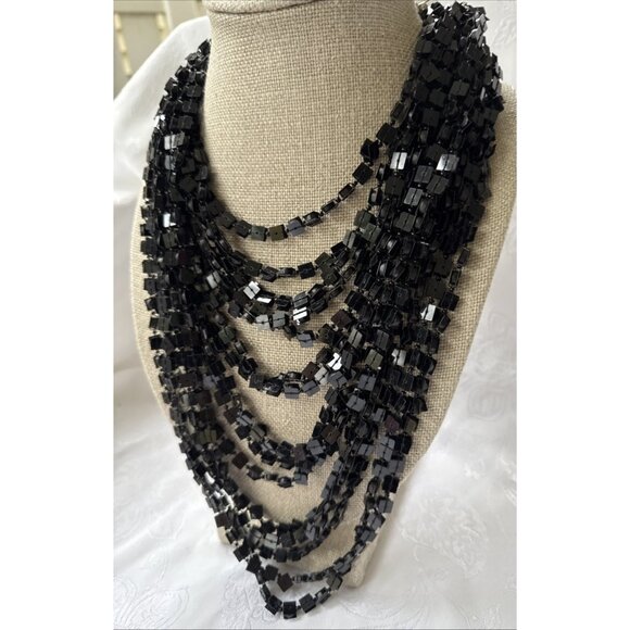 Chicos Black Sequin 16" Long Layered Stacked Statement Necklace NEW - Picture 4 of 13